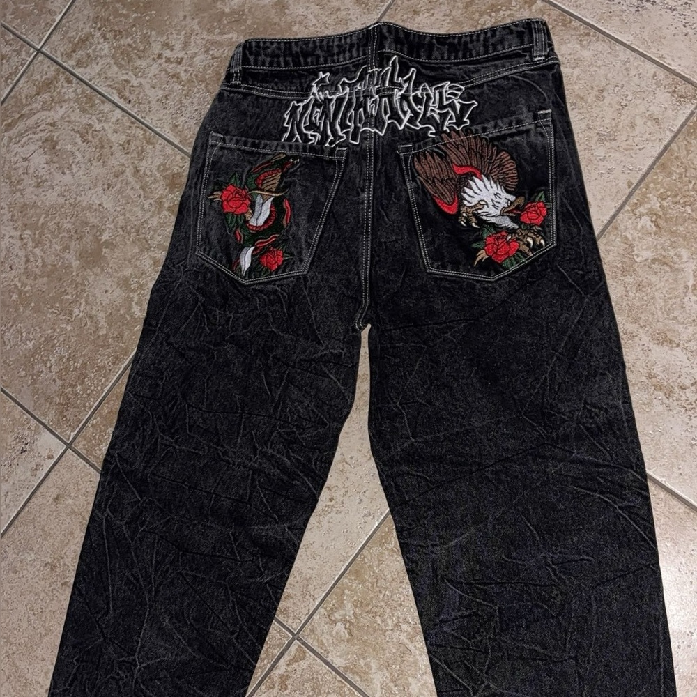 Zumiez Black Jeans with Red and White Embroidery